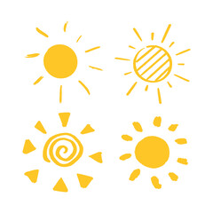 Doodle sun icon set. Hand drawn summer elements. Happy cute sunny art. Vector illustration.