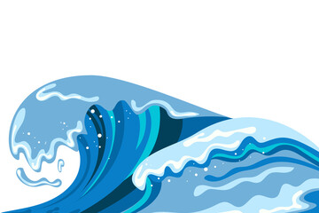 Fototapeta na wymiar Tsumani wave background in flat cartoon style. Big blue tropical water splash with white foam. Vector illustration