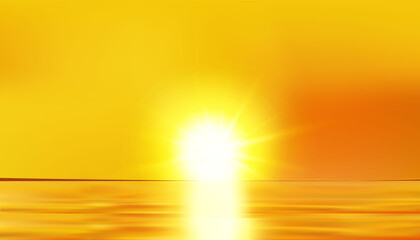 Beautiful sunrise with sea landscape. Bright orange background with sun. Summer ocean art. Vector illustration.
