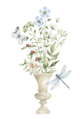 Watercolor composition with flower bouquet in antique vase and butterflies. Aesthetic element of summer garden. Floral decoration, insect, botanical elements. Delicate, romantic, vintage botanical art