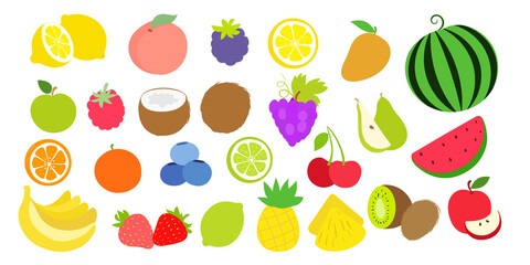 Vector juicy fruit set. Cartoon lemon, peach, blackberry, mango, watermelon, apple, raspberry. Healthy food. Vector illustration.