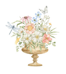 Obraz premium Watercolor composition with flower bouquet in antique vase and butterflies. Aesthetic element of summer garden. Floral decoration, insect, botanical elements. Delicate, romantic, vintage botanical art
