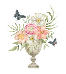Obraz premium Watercolor composition with flower bouquet in antique vase and butterflies. Aesthetic element of summer garden. Floral decoration, insect, botanical elements. Delicate, romantic, vintage botanical art