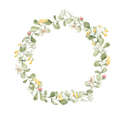 Lush floral wreath with summer flowers, greenery, leaves. Hand-drawn watercolor. Floral round frame for invitation, decor, cards. Romantic elegant frame.