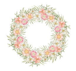 Lush floral wreath with summer flowers, greenery, leaves. Hand-drawn watercolor. Floral round frame for invitation, decor, cards. Romantic elegant frame.