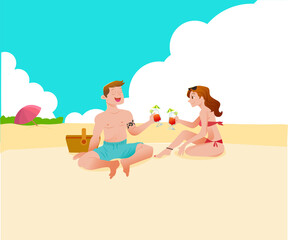 Obraz na płótnie Canvas Couple drinking cocktails on the beach