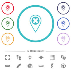 GPS location cancel flat color icons in circle shape outlines