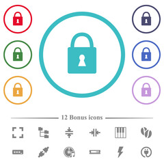 Locked padlock with keyhole flat color icons in circle shape outlines