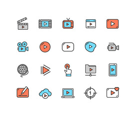 Video Play Sign Color Thin Line Icon Set. Vector