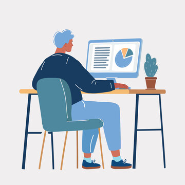 Vector illustration of man sitting at working place. Rear view