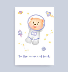 Baby shower card with cute teddy bear on the moon