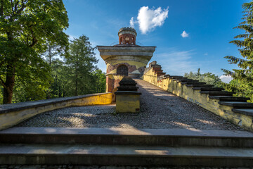 the tower-ruin in the Catherine Park in the city of Pushkin in the summer