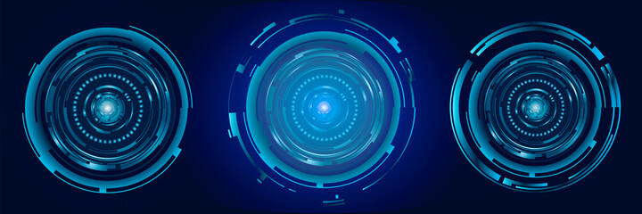 Blue abstract futuristic HUD object. Sci Fi user interface digital eye element consist of glow circles. Vector science and technology illustration - obrazy, fototapety, plakaty