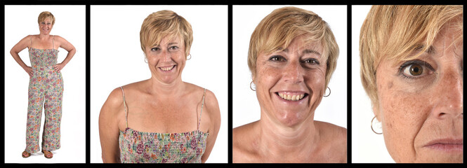 view of middle aged woman from full portrait to face detail on white background © Curto