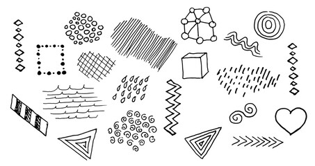 a set of geometric doodles drawn by hand with a black outline, isolated on a white background. 