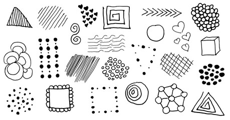 a set of geometric doodles drawn by hand with a black outline, isolated on a white background. 