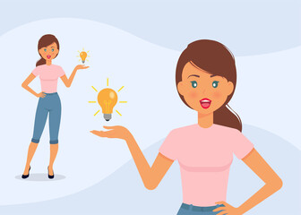 Creative idea, eureka illustration. Casual beautiful woman character wearing blue jeans and pink t-shirt