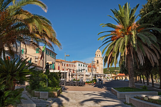 Sirolo, Ancona, Marche, Italy: view of the city square Piazzale Marino in the picturesque old town overlooking the Adriatic Sea in the Conero Riviera