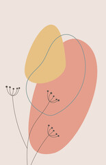 Earth tone boho foliage line art drawing. Hand drawn plants, shapes, herbs, leaves and vases. Tropical floral design. Minimal and natural Modern vector illustration, poster, wall art, print, cover.