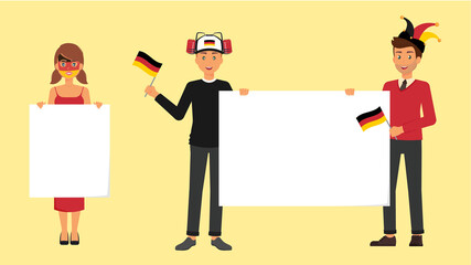 German fans with sportive accessories, Germany flag and blank banners