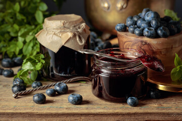 Blueberry jam with fresh berries.