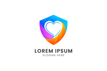 Shield logo with Heart sign hearth Premium Vector, 3d colorful combination logo.