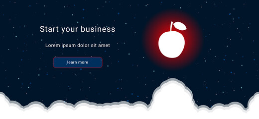 Business startup concept Landing page screen. The apple symbol on the right is highlighted in bright red. Vector illustration on dark blue background with stars and curly clouds from below