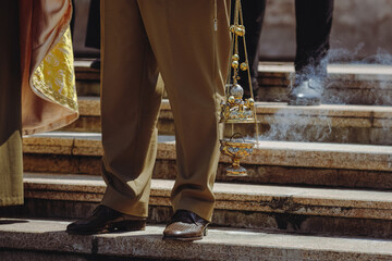 Shallow depth of field (selective focus) details with Romanian army priests during a military...