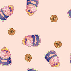 vector illustration seamless pattern blueberry cocktail with berries and cookies puff bun on pink background