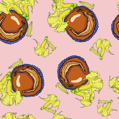 vector illustration seamless pattern  chocolate cupcake,with yellow flowers filling on pink background