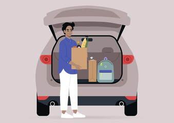 A young male character taking grocery bags from their car trunk, a daily routine scene