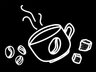 World Coffee Day, doodle illustration, coffee mug, minimalistic drawings, cartoon style, black doodle, isolated images, vector illustrations. Vector illustration, sugar cubes, coffee beans