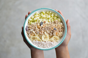 bowl of cereal and fruits