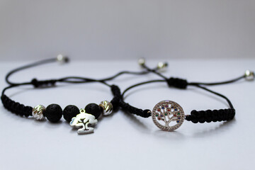 Beautiful bracelets with a tree pendant. Bracelets of thread and black stone. Black bracelets. Women accessories.