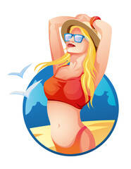 vector trendy illustration on the theme of summer holidays. tanned young smiling blonde girl in yellow swimsuit,sunglasses and hat with hands behind her head on the beach isolated on white background