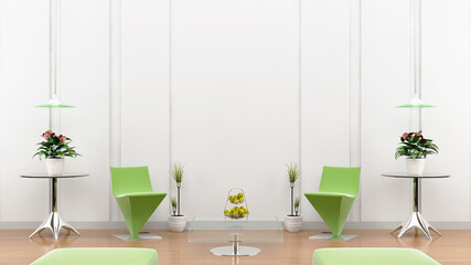 Bright green and cozy modern living room interior has furniture and lamp with the white wall as a background.