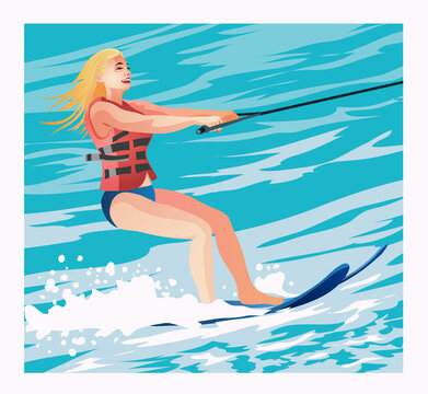 A girl in a life jacket water skiing summer banner. Pretty woman, girl water skiing, enjoying summer water activities, cartoon vector illustration