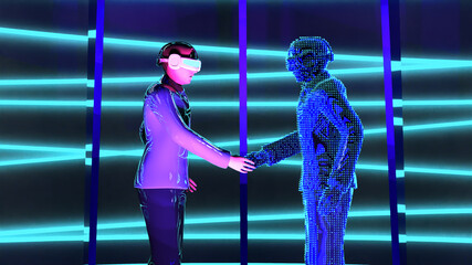 Close up Man wear virtual glasses is shaking hand with hologram graphic in cyberspace area  , futuristic communication scifi concept. 3D rendering picture. - obrazy, fototapety, plakaty