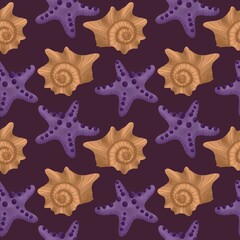 Seamless pattern of sea shells on purple background