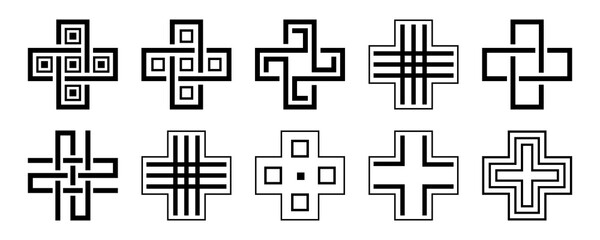 Set of 10 abstract cross shapes geometric icons, signs in flat style. Isolated on white background. Vector monochrome illustration.