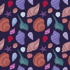 Seamless pattern of sea shells on dark blue background