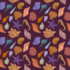 Seamless pattern of sea shells on dark green background