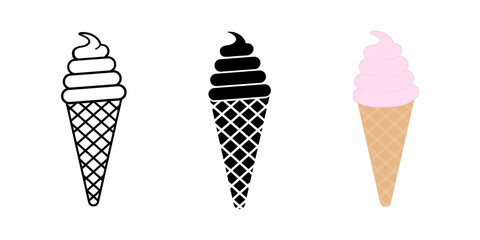 Set of ice cream in waffle cone in flat design. Vector illustration for web design or print isolated on white background