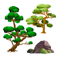 Ancient japan culture objects set with garden decorative trees, stone, bush and ikebana isolated vector illustration. Japan vector set collection © Andrey