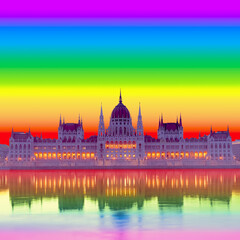 Fototapeta na wymiar Hungary, lGBT rainbow pride sunset over Parliament building in Budapest. Composite concept image. Country politicians pass law banning LGBT content for children, minors.