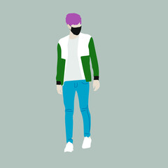 Vector illustration of Kpop street fashion. Street idols of Koreans. Kpop men's fashion idol. A guy in blue jeans and a white T-shirt and a cardigan with a mask on his face.