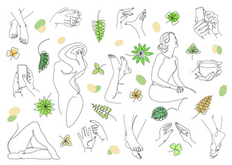 Group. Silhouettes of a figure of a girl and a leaf of a plant in a modern one line style. Continuous line drawing, aesthetic outline for home decor, posters, stickers, logo. Vector illustration set.