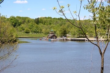The view of the boathouse on a bright sunny day.