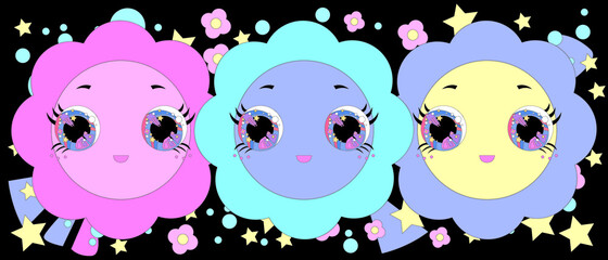 Vector cute face fantasy summer illustration. Fabric colourful pattern design. Collection of cartoon hand drawn shapes, eye in modern style. wall decoration, postcard, brochure cover design sketch.