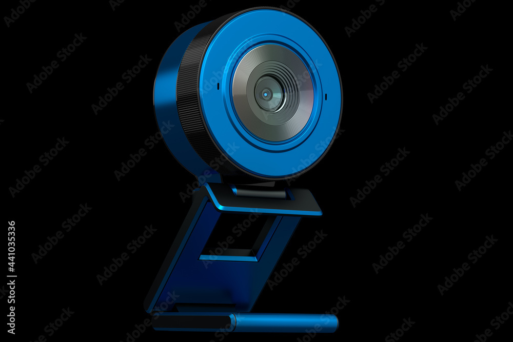 Wall mural Web camera on stand for online video chat and conference on black background